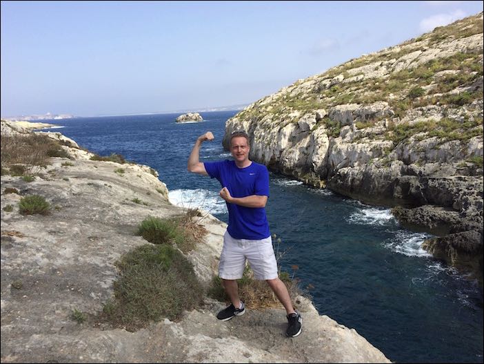 Goofing off near Cenc Il-Kantra Lido Restaurant